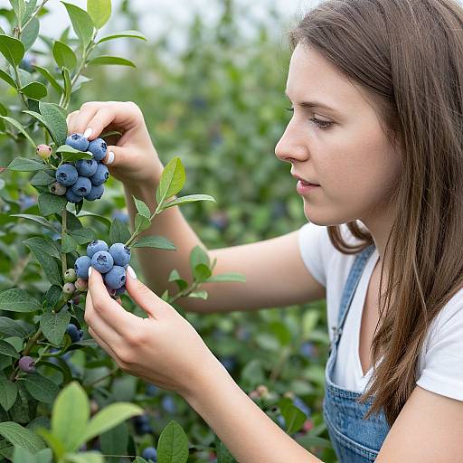 Young woman with fair skin and brown hair, wearing a white shirt and denim overalls, gently picks ripe blueberries from a lush, green bush in