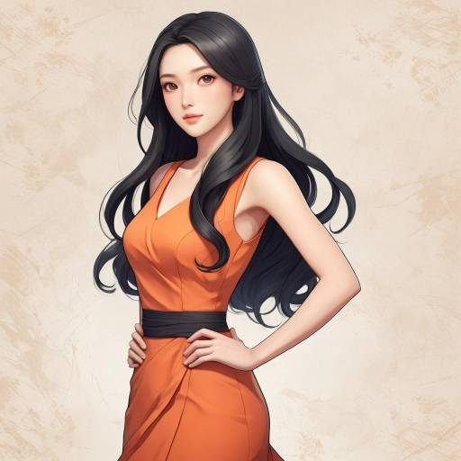 Confident Anime Woman in Orange Dress