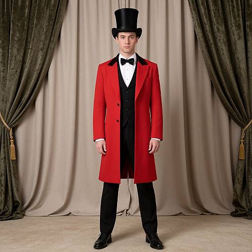 Photograph of a young man standing center, wearing a black top hat, red coat, black waistcoat, white shirt, black bow tie, black