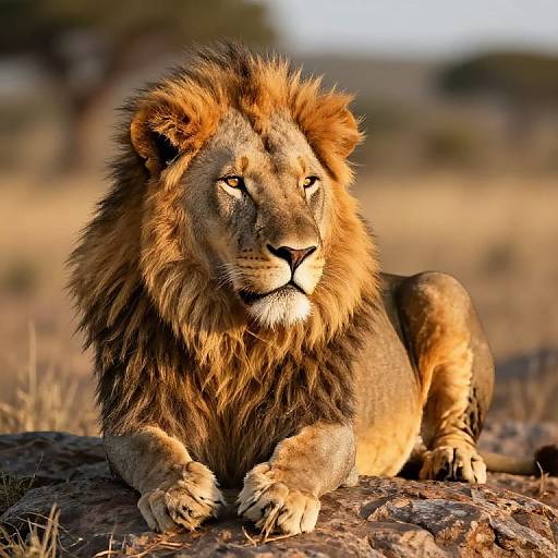 Photograph of a regal male lion with a golden-brown mane, lying on a rocky savanna, with a focused, intense gaze.