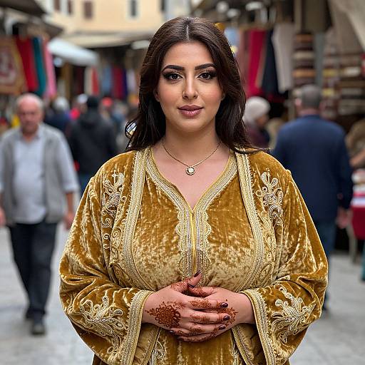Photograph of a beautiful South Asian woman with long dark hair, wearing an ornate golden velvet kurta, henna on her hands, standing in
