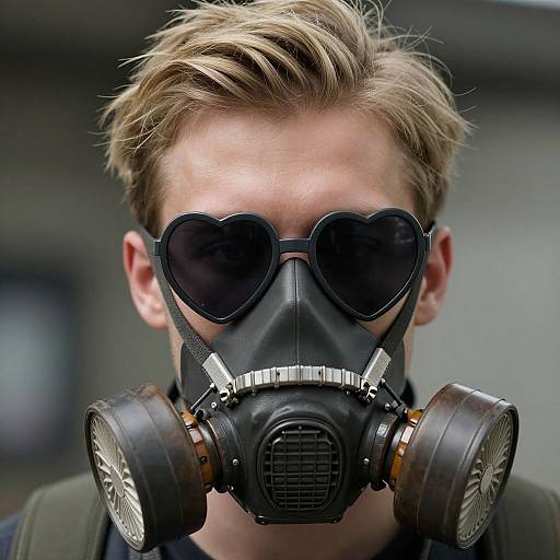 Close-up photograph of a man with blond hair, wearing black sunglasses and a black gas mask with round filters, against a blurred gray background.