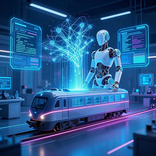 Digital artwork of a futuristic robotic humanoid sitting on a glowing blue train, surrounded by neon holographic screens and blue energy lines. Cyberpunk style.