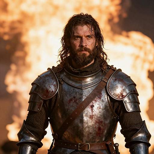 Intense Warrior in Blood-Stained Armor