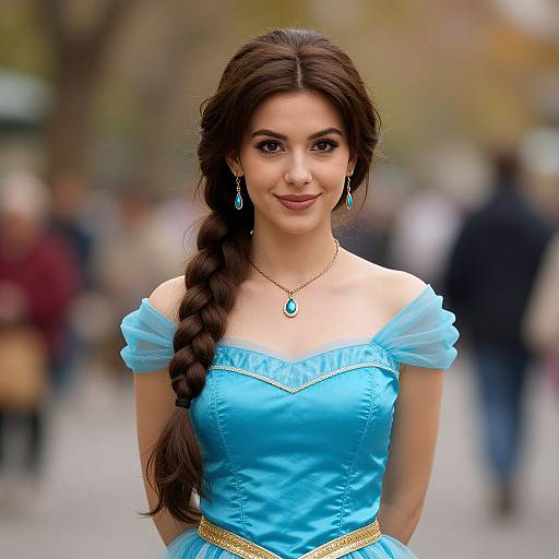 Photograph of a young woman with long, dark brown braided hair, wearing a blue off-shoulder dress with puffed sleeves, turquoise necklace