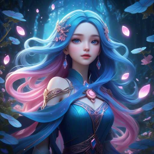 Fantasy Girl with Blue and Pink Hair and Butterflies