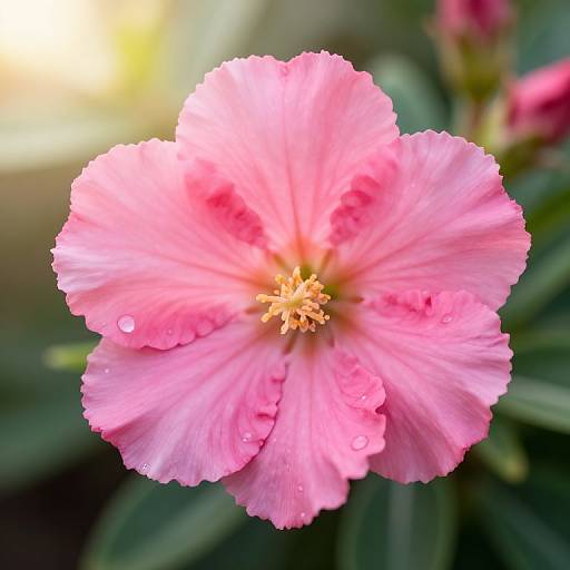 Close-up photograph of a vibrant pink hibiscus flower with dewdrops on its petals, centered against a blurred green background.