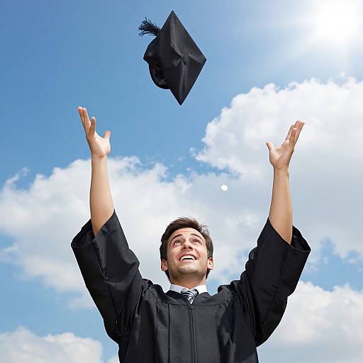 Photograph of a smiling young man with short dark hair, wearing a black graduation cap and gown, arms raised, against a bright blue sky with white