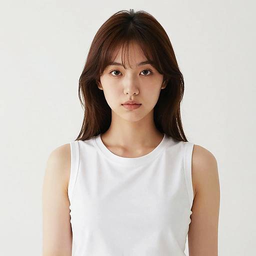 Photograph of an East Asian woman with straight black hair, wearing a white sleeveless top, against a plain white background. She gazes directly at