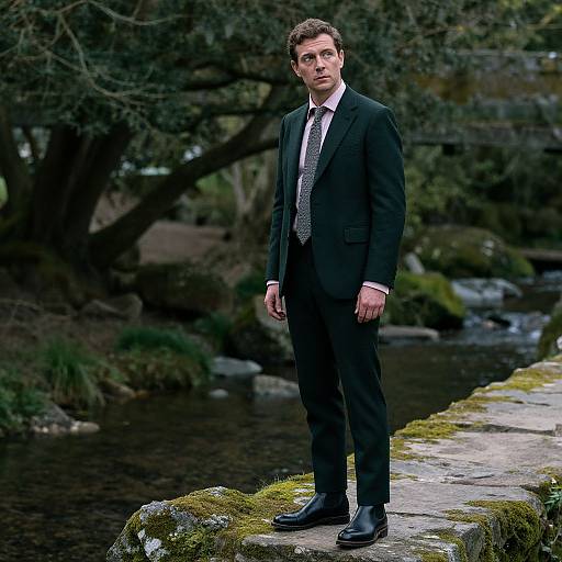 Man in Elegant Attire on Mossy Bridge
