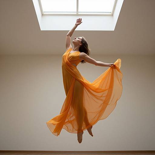 Photograph of a woman with light brown skin and dark hair, wearing a flowing orange dress, mid-jump under a bright skylight.