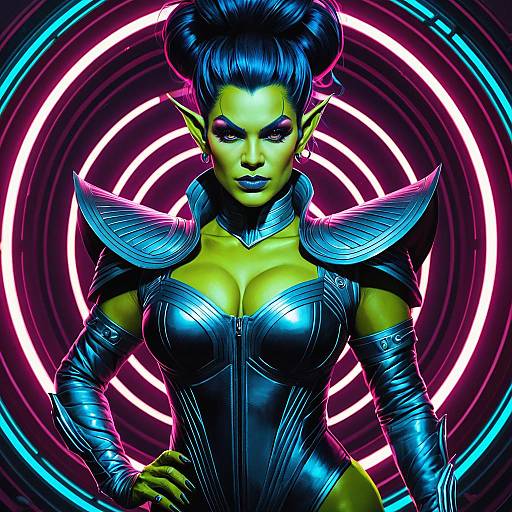 Futuristic Female Orc Drag Queen in Neon Bodysuit