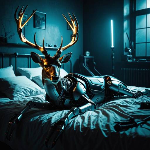 Cyberpunk Robotic Deer with Glowing Antlers in Bedroom