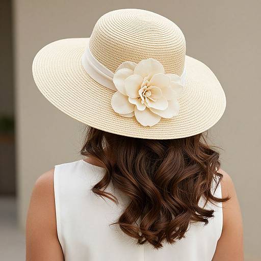 Photograph of a woman from behind, wearing a white wide-brimmed straw hat with a large cream flower, and a sleeveless white dress,