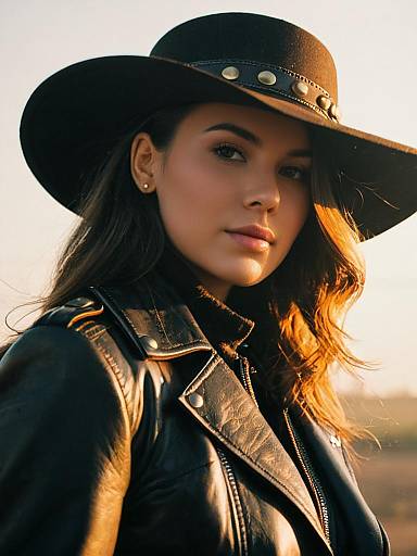 Stylish Woman in Hat and Leather
