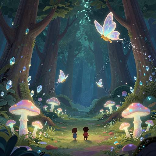 Whimsical forest scene: two children face glowing mushrooms, surrounded by luminescent butterflies and crystals, illuminated by magical forest light. Digital art.