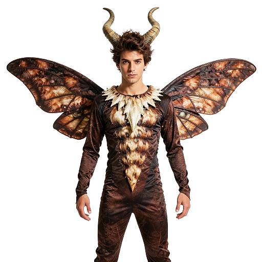 Young Man in Moth Boy Costume with Horns and Wings