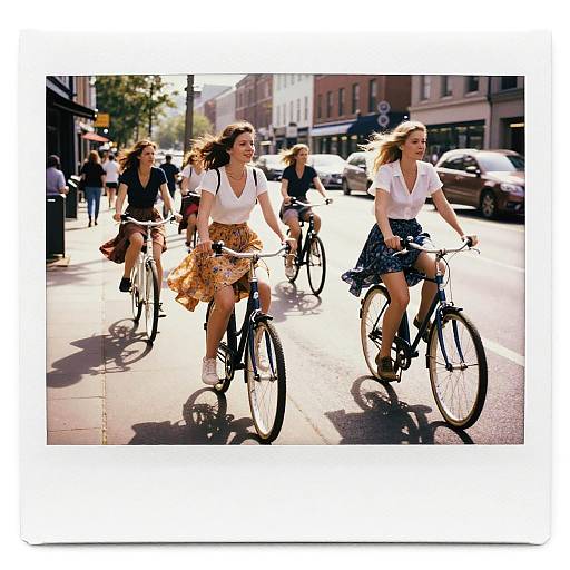 Photograph of three women biking on a sunny city street, wearing white tops and patterned skirts, with blurred background and pedestrians.
