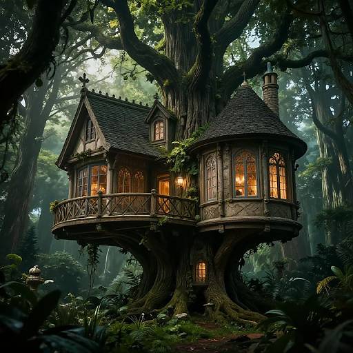 Enchanted forest treehouse: A whimsical, fairy-tale style wooden cottage with shingled roof, warm glowing windows, perched high