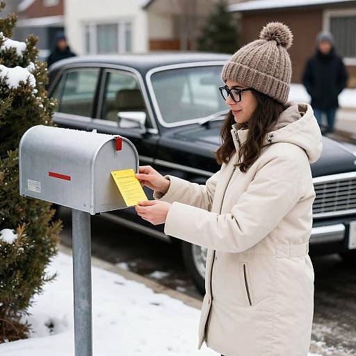Cheerful Woman Sending Letter in Winter