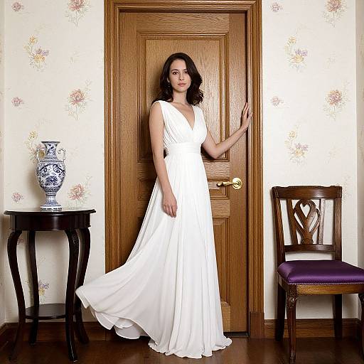Elegant Woman in Flowing White Gown