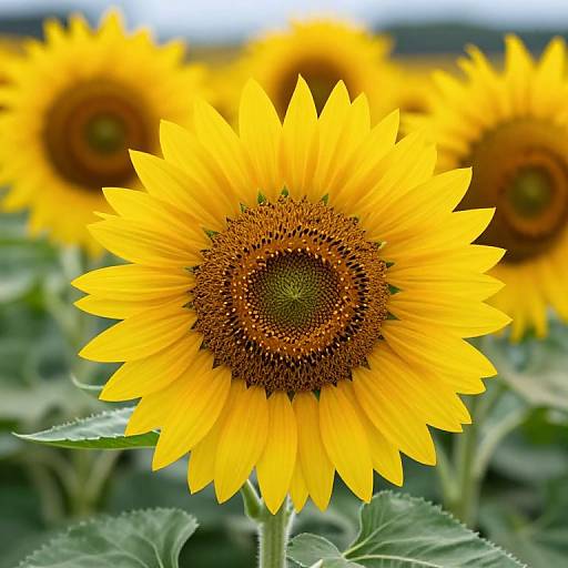 Photograph of a vibrant yellow sunflower with a rich brown center, surrounded by green leaves, and more sunflowers in the blurred background.