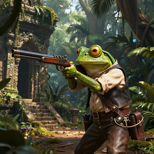 CGI image of a green frog in a white shirt and brown vest, holding a revolver, standing in a lush, jungle ruin.