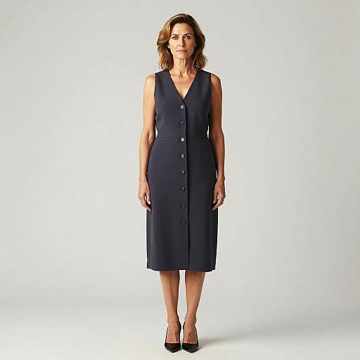 Photograph of a middle-aged woman with shoulder-length brown hair, wearing a sleeveless, navy blue, buttoned knee-length dress and black heels,