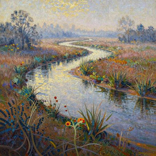 Misty Riverbend in Pointillism Style