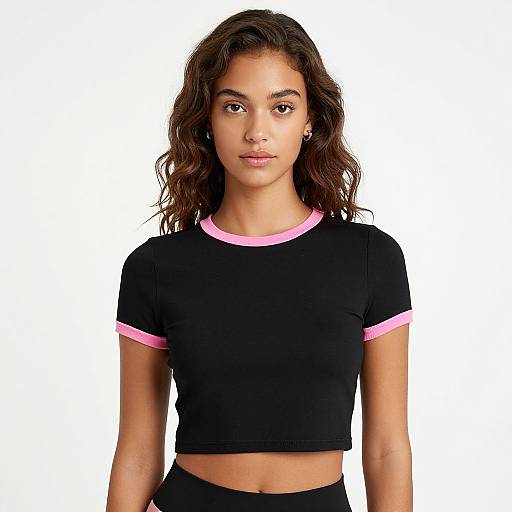 Photograph of a young woman with wavy brown hair, wearing a black crop top with pink trim, standing against a white background.
