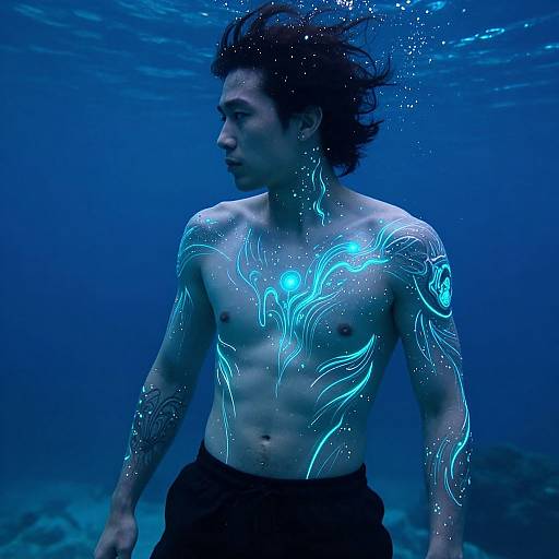 Photograph of a shirtless Asian man underwater with glowing blue tribal tattoos, dark hair floating, wearing black pants, in a deep blue ocean.