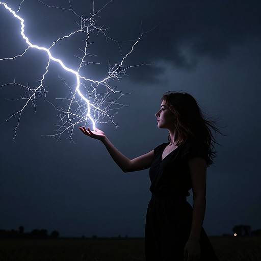 Photograph of a silhouetted woman with long hair, wearing a black dress, holding a bolt of bright, jagged lightning against a dark