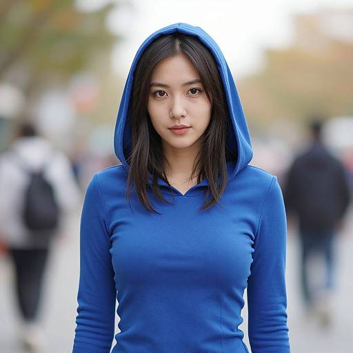 Photograph of an Asian woman with straight black hair, wearing a blue hoodie with the hood up, standing in a blurred urban street background.