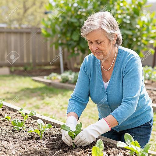 Photograph of an elderly woman with short gray hair, wearing a blue cardigan and white gloves, planting green seedlings in a garden bed, with