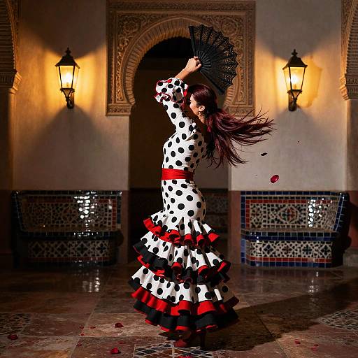 Photograph of a woman with long brown hair, wearing a black and white polka-dot dress with red and black ruffles, dancing with a black