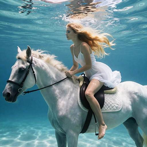 Blonde Woman Riding White Horse Underwater