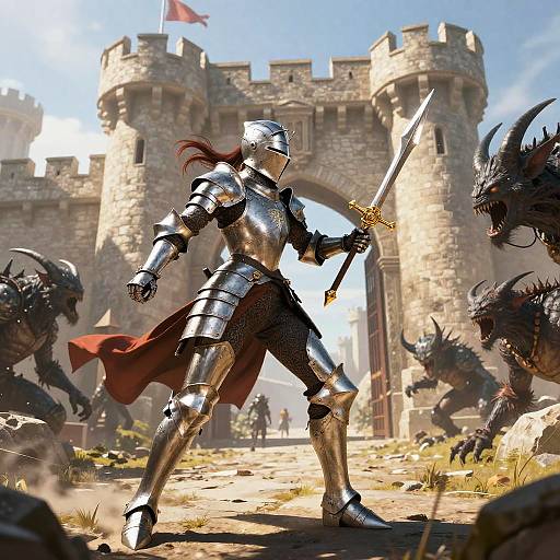 Epic Female Knight Defending Castle