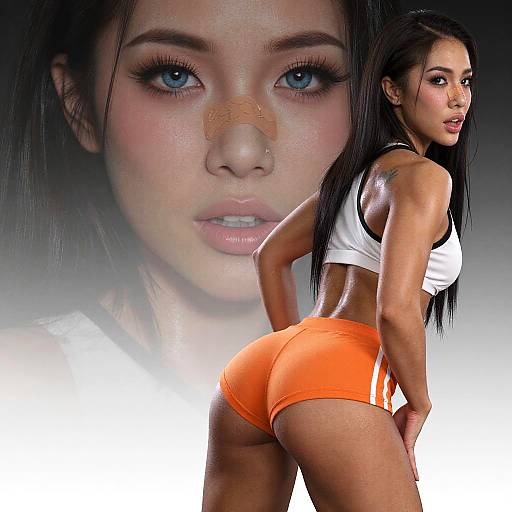 Photograph of a fit Asian woman with long black hair, wearing a white sports bra and orange shorts, highlighted against a close-up of her face with