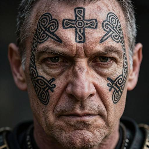 Close-up photograph of a middle-aged man with gray hair, serious expression, and intricate black tribal tattoos on his forehead and cheeks. Dark background.