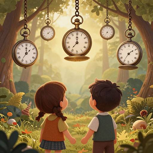 Digital illustration of a forest scene with sunlight filtering through trees. A girl and boy, holding hands, face five hanging pocket watches, surrounded by colorful flowers