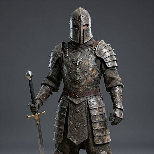 Stone warrior in medieval armor holding sword