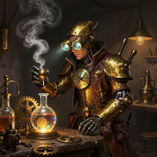 Steampunk scientist in golden robotic armor with goggles, holding smoking flask, surrounded by gears and glassware in dimly lit laboratory.
