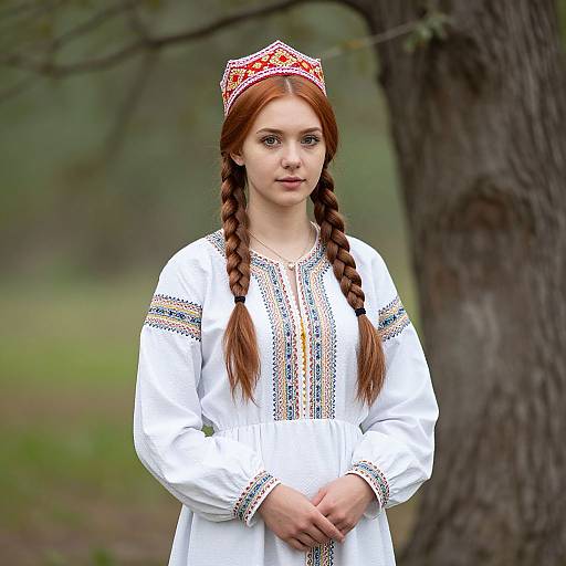 Photograph of a young red-haired woman with braids, wearing a white embroidered dress and red-patterned headpiece, standing in a forest.