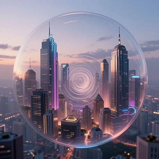 Photograph of a cityscape with towering skyscrapers at sunset, encircled by a large, transparent, glowing soap bubble. Neon lights illuminate
