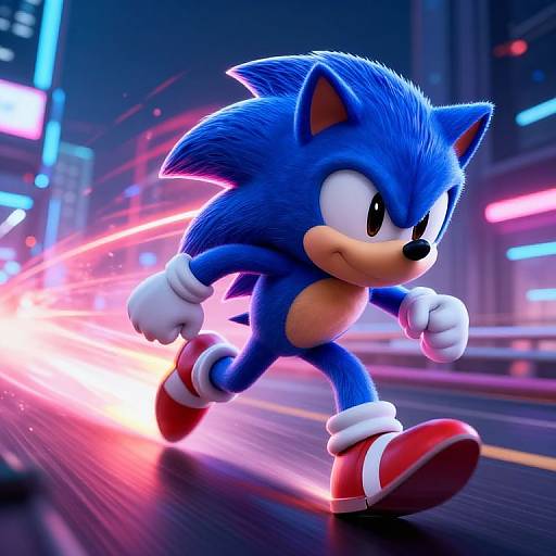 CGI image of Sonic the Hedgehog, blue anthropomorphic hedgehog, running through a neon-lit city street, with bright red energy trails and