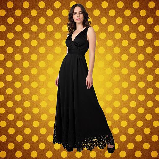 Photograph of a fair-skinned woman with dark brown wavy hair, wearing a black, lace-trimmed, V-neck sleeveless dress,