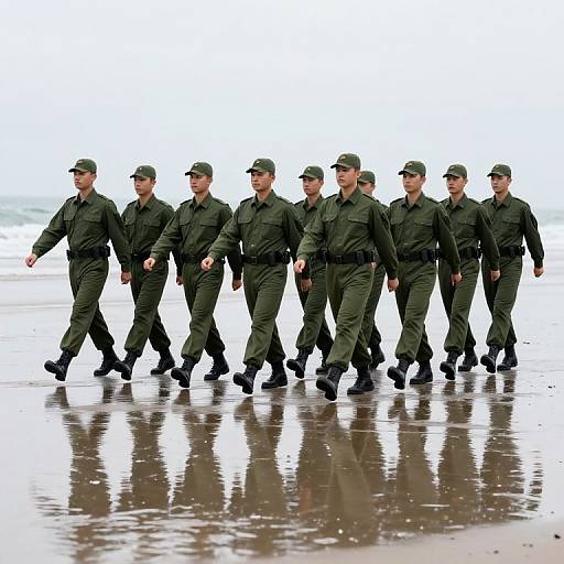 Photograph of seven male soldiers in green uniforms and caps, walking in formation on a wet, reflective beach.