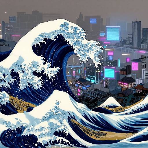 Digital art: Vibrant, futuristic cityscape with neon lights in the background, featuring large, dynamic waves resembling Hokusai's 