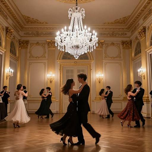 Photograph of a grand ballroom with chandelier, elegant dancers in formal attire, ornate gold and white walls, and warm lighting.