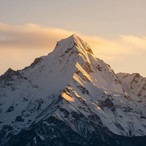 Photograph of a snow-covered mountain peak bathed in golden sunset light, with rugged textures and shadows, against a soft, cloud-filled sky.